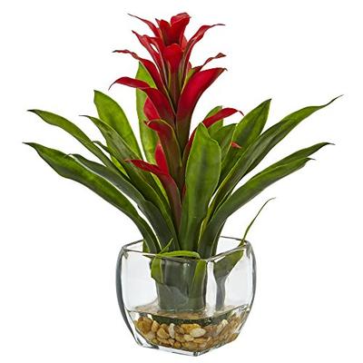 Nearly Natural 6897-RD Bromeliad with Glass Vase Arrangement P
